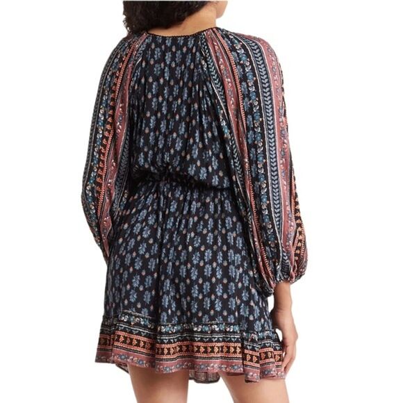 Angie Long Sleeve Tie Front Midi Dress Mixed Print Boho Style Deep V-Neck NWT M - Picture 2 of 5